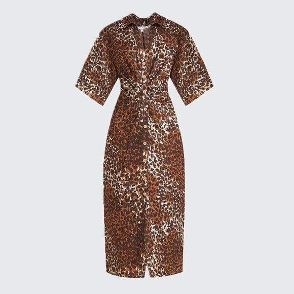 VERONICA BEARD Seki Leopard Print Linen Midi Dress In Brown 14 /Large - Picture 1 of 13